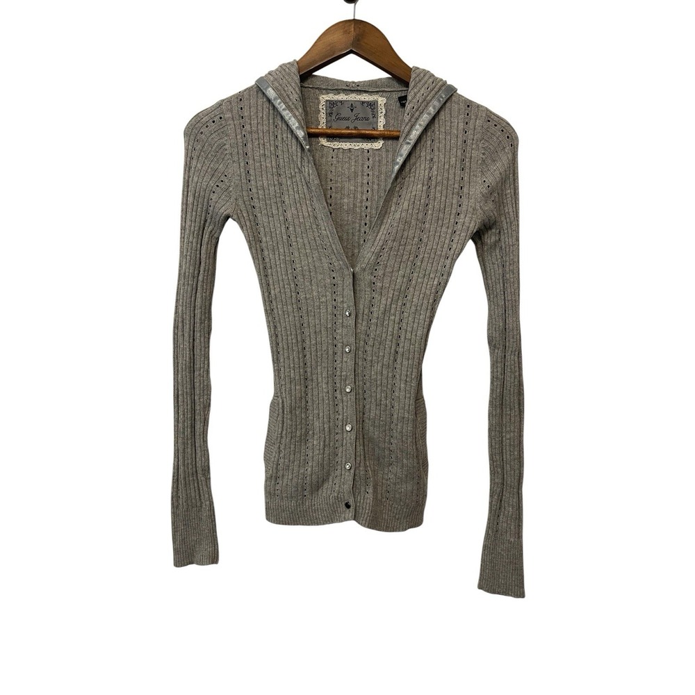Y2K Guess  Bella Swan Style Gray Wool Cashmere Blend Hooded Longline Cardigan